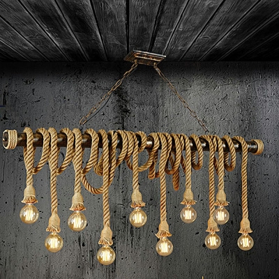 10 Light Island Chandelier Industrial Style Linear Shape Rope Hanging Lights