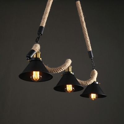3 Light Island Lighting Industrial Style Cone Shape Rope and Steel Hanging Lamps