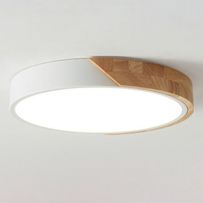 1-Light Flush Light Fixtures Minimalism Style Round Shape Metal and Wood Ceiling Mounted Light