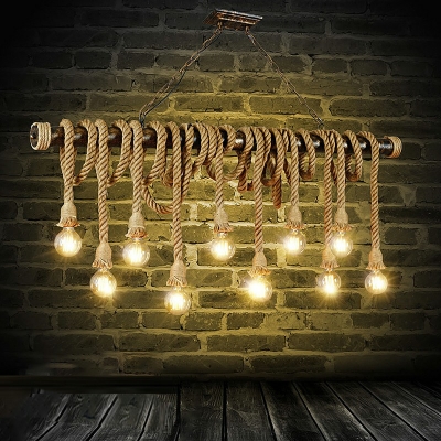 10 Light Island Chandelier Industrial Style Linear Shape Rope Hanging Lights