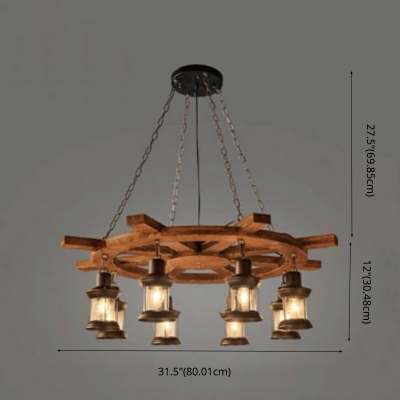 8-Light Chandelier Pendant Industrial-Style Wheel Shape Wood Hanging Fixture