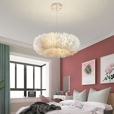 Round Chandelier Lighting Fixtures White Feather Elegant Modern Bedroom Chandelier Lamp