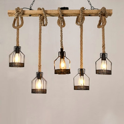 5 Light Island Ceiling Light Industrial Style Beam Shape Natural Rope Pendant Lights
