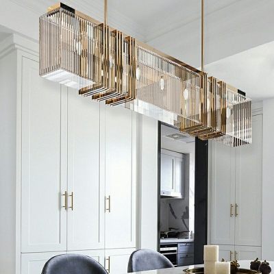 Island Light Fixture Modern Contracted Steel and Crystal Shade Light for Kitchen