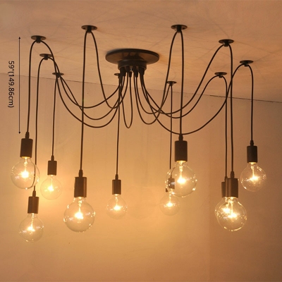 Vintage Industrial 10-Lights Wire Jungle Cluster Light Living Room Exposed Bulb Pendant Light in Black