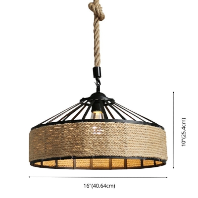 1-Light Pendant Lighting Industrial-Style Drum Shape Rope Hanging Ceiling Light