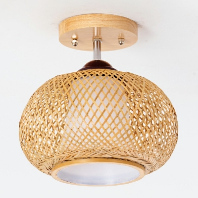 1-Light Semi Flush Light Asia Style Curved Drum Shape Rattan Ceiling Mount Light Fixture