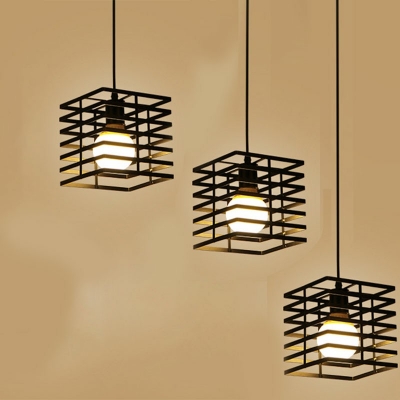 3-Light Multi Pendant Light Minimalist Stsle Square Cage Shape Metal Ceiling Fixture