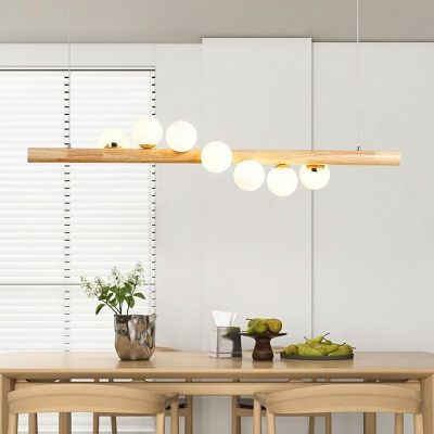 Glass Pendant Light Globes Wood 7 Lights Modern Minimalism Chandelier for Dinning Room