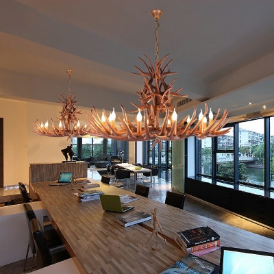 12-Light Chandelier Light Farmhouse Style Faux Antler Shape Wood Pendant Lights