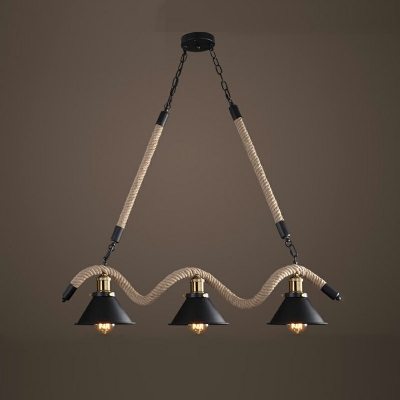 3 Light Island Lighting Industrial Style Cone Shape Rope and Steel Hanging Lamps