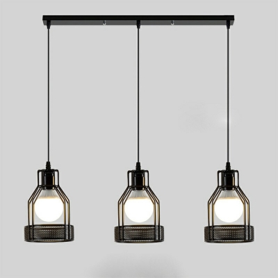 3-Light Multi Drop Pendant Lights Vintage Style Caged Shape with Rectangle Canopy Metal Hanging Ceiling Fixture