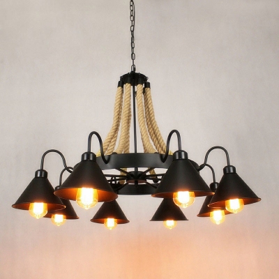 Rope Chandelier Hanging Light Fixture Vintage 8 Lights Industrial Ceiling Pendant Chandelier in Black