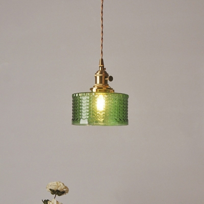 Vintage Glass Pendant Lights Ribbed Glass Drum Hanging Light Fixture