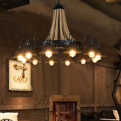 12 Light Chandelier Lighting Industrial Style Cone Shape Natural Rope Pendant Lights