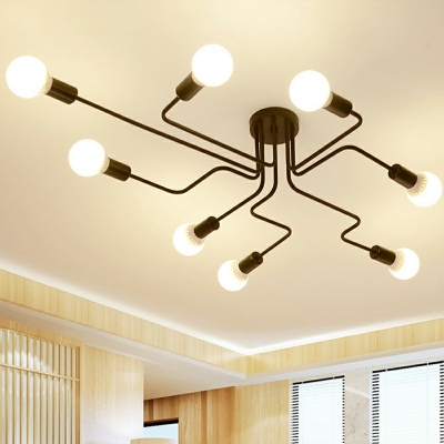 8-Light Semi Flush Mount Industrial Style Sputnik Shape Metal Ceiling Light Fixture