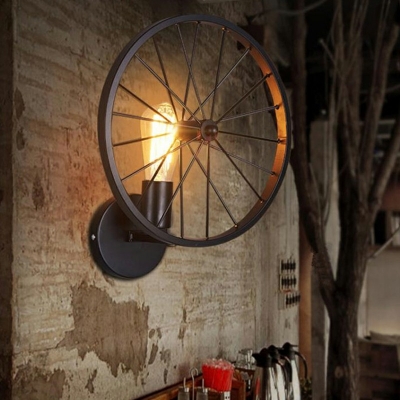 Black Metal Wall Lighting Fixtures Industrial Wheel 1 Light Vintage Flush Mount Wall Sconce