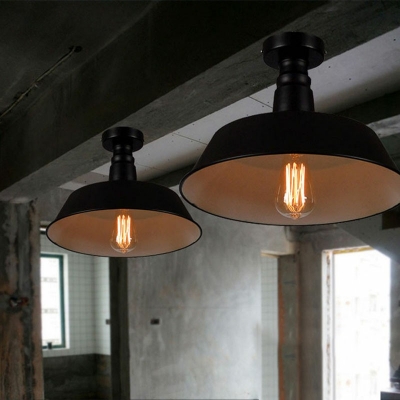 1-Light Semi Flush Mount Lighting Antiqued Style Warehouse Shape Metal Ceiling Mount