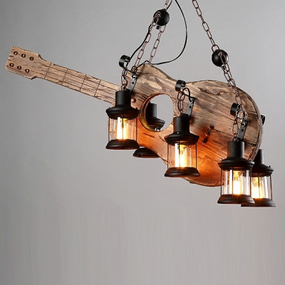 American Style LED Chandelier Light 6 Lights Navigation Style Retro Wood Guitar Shaped Pendant Light for Bar