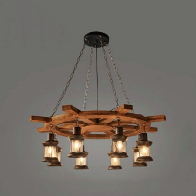 8-Light Chandelier Pendant Industrial-Style Wheel Shape Wood Hanging Fixture