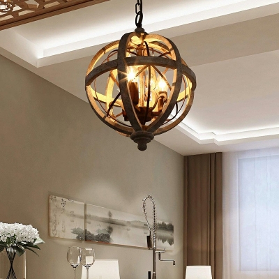 Globe Chandelier Light Fixture 3 Lights Modern Metal and Wood Shade Indoor Hanging Lamp