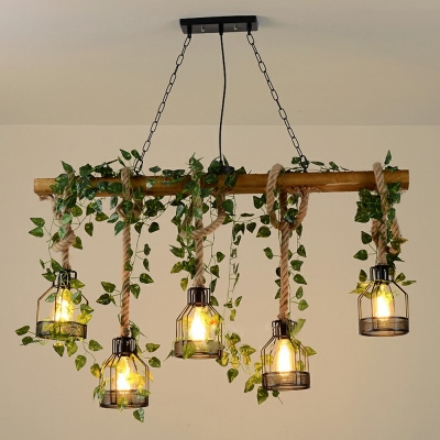 Wood Beam Island Lighting Fixtures Vintage 5 Lights Industrial Birdcage Pendant Light Chandelier for Living Room