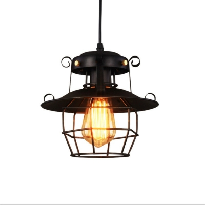 1-Light Ceiling Fixture Industrial Style Open Cage Shape Metal Hanging Lamp