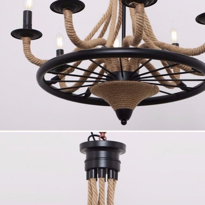 8 Light Ceiling Pendant Light Industrial Style Wheel Shape Natural Rope Hanging Lamps