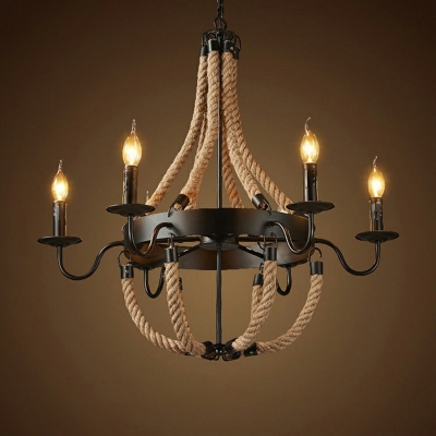 Circular Chandelier Roped Industrial Vintage 6 Lamps Black Chandelier Pendants Lighting Fixtures for Dinning Room