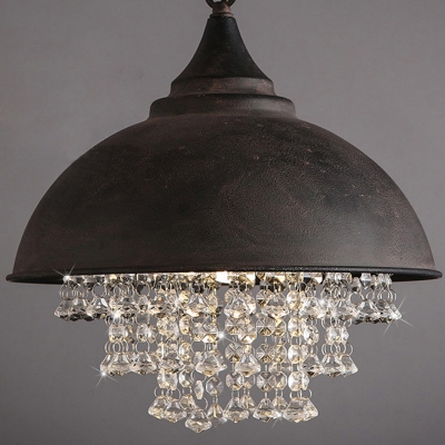Industrial Retro Large Pendant Light with Hanging Crystal in Black Dome Shade for Restaurant Cafe Bedroom