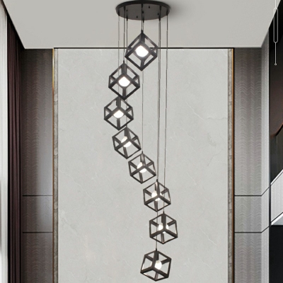 8 Lights LED Pendant Light Modern Style Metal Cube Shaped Loft Hanging Light for Stairs