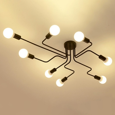 8-Light Semi Flush Mount Industrial Style Sputnik Shape Metal Ceiling Light Fixture