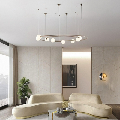 8-Light Hanging Chandelier Minimalism Style Circular Shape White Glass Pendant Light