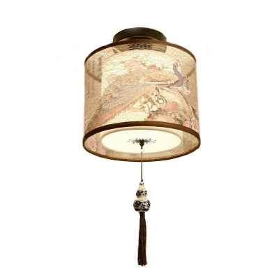 1-Light Close To Ceiling Lamp Traditional Style Cylinder Shape Fabric Flush Mount Lighting Fixtures