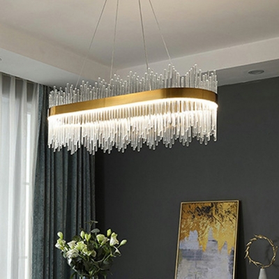 Oval Island Light Fixture Modern Contracted Steel and Crystal Shade Light for Kitchen