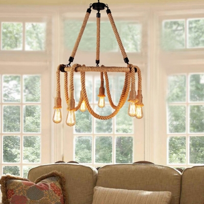 6-Light Pendant Lamp Industrial-Style Adjustable Rope Hanging Ceiling Chandelier