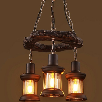 American Style LED Chandelier Light 3 Lights Navigation Style Retro Wood Pendant Light for Bar