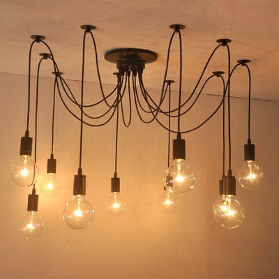 Vintage Industrial 10-Lights Wire Jungle Cluster Light Living Room Exposed Bulb Pendant Light in Black