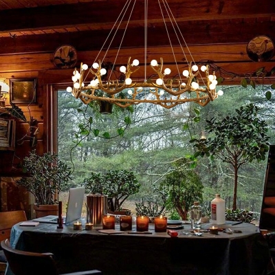 48-Light Chandelier Lighting Cottage Style  Faux Antler Shape Wood Hanging Lights