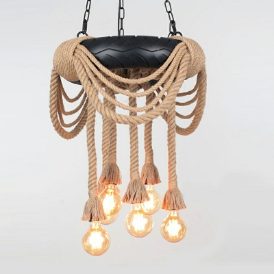 6 Light Ceiling Hung Fixtures Industrial Style Tyre Shape Natural Rope Hanging Lamps