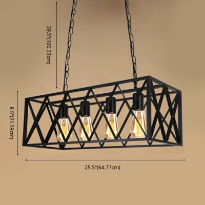 Black Cage Linear Chandelier 4 Lights Black Industrial Island Pendant Lights for Living Room