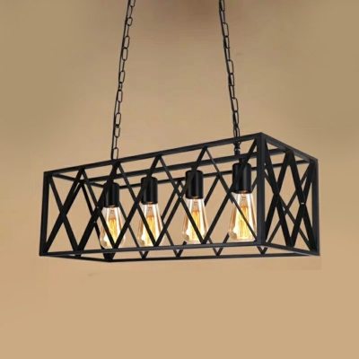 Black Cage Linear Chandelier 4 Lights Black Industrial Island Pendant Lights for Living Room