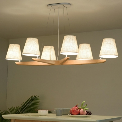 6 Lights Wood and Fabric Chandelier Lighting Fixture Linear Living Room Ceiling Pendant Light