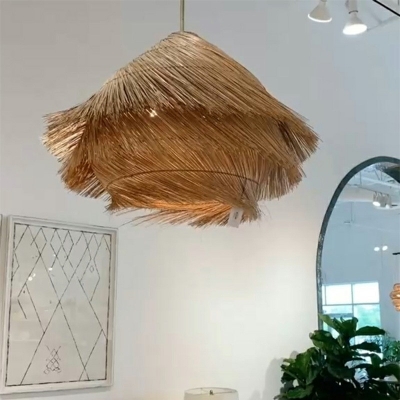 Chinese 3 Light Woven Shade Solid Hanging Light Modern Wood Dinning Room Pendants Light