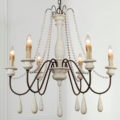French Retro Style Chandelier Wood Vintage Hanging Light for Bedroom Dining Room