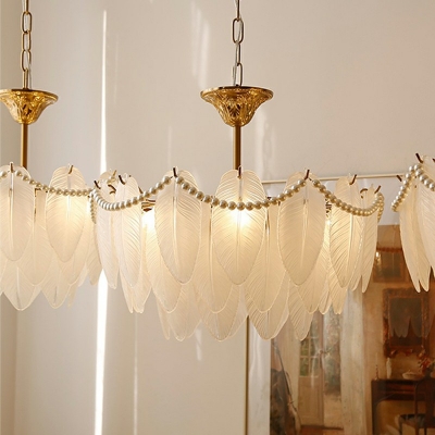 6 Lights Feather Shade Hanging Light Modern Style Glass Pendant Light for Living Room