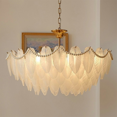 White Chandelier Lighting Fixtures Glass Feather Ring Modern Elegant Ceiling Pendant Light for Bedroom