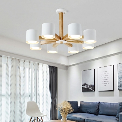 Modern Style LED Pendant Light 8 Lights Nordic Style Macaron Metal Wood Chandelier Light for Living Room