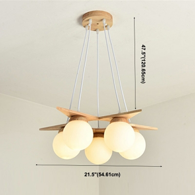 5-Light Chandelier Light Fixture Modern Style Sphere Shape Wood Hanging Ceiling Light