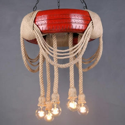 6 Lights Industrial Chandelier Lighting Fixtures Tyre and Natural Rope Pendant Lamp Light